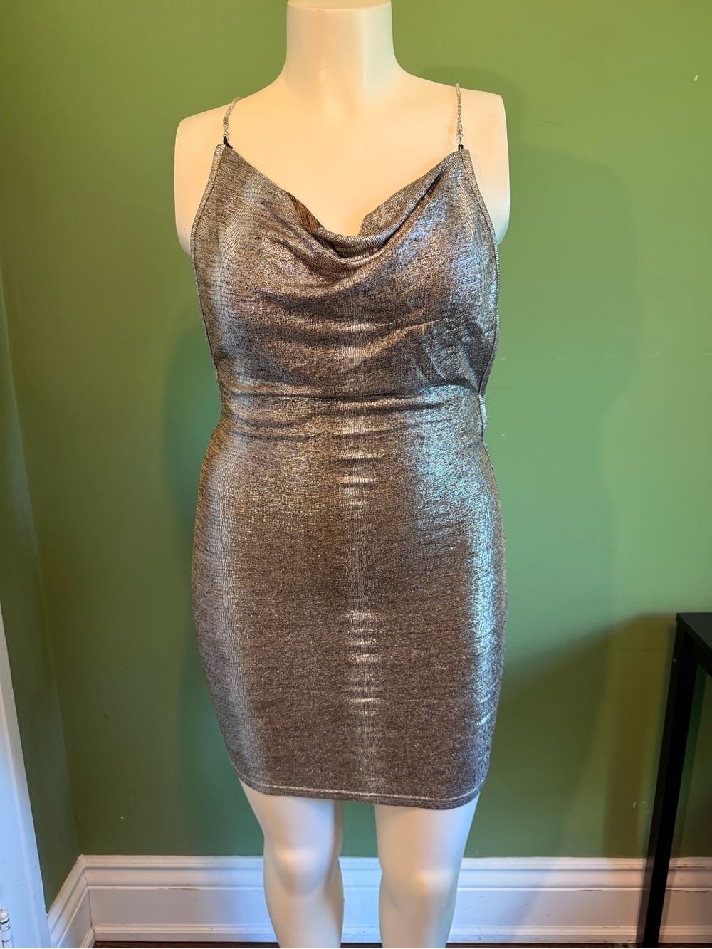 Temu Metallic Silver Hold Cowl Neck Spaghetti Strap Bodycon Dress
